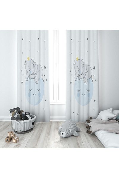 Lolla Sleeping Elephant Blue White Background Curtain 127