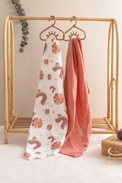 Bedeca مجموعة من 2 بطانية أطفال من القطن العضوي بنسبة 100% - بطبعة شمس 90 × 1...