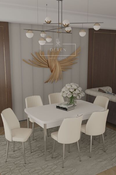 DEREN HOME Parla Gümüs Serisi 80x130 MDF Masa + 6 Adet Silinebilir Kumaş Krem Sandalye Metal Ayak Masa Takımı