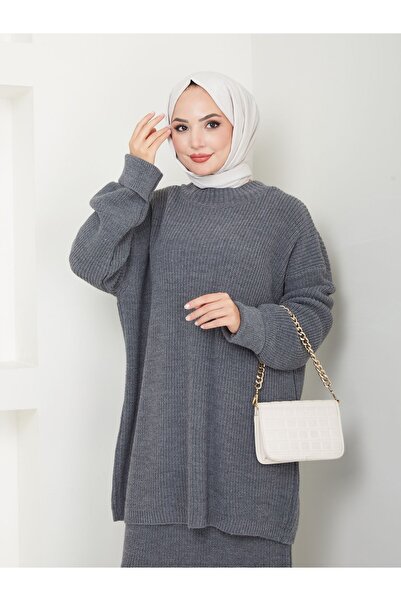 Kirazgym Strickset mit einfarbigem Rock – Dunkelgrau