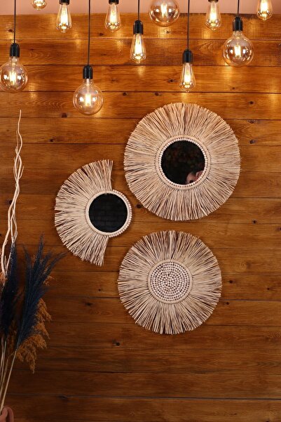 bh bohem handmade Bohem Handmade 3 Lü Dekoratif Ayna Yelpaze Rafya Ayna Ve Bo...