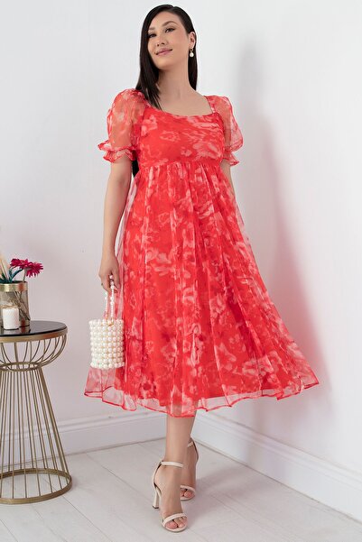 PULLIMM Rochie cu maneca scurta cu decolteu patrat din tul - GRS3455