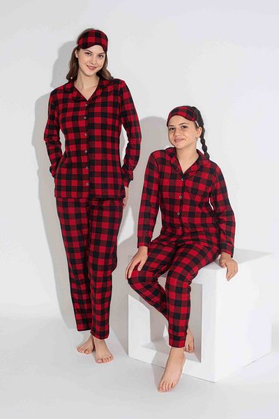 Tarık Women's Red Square Patterned Front Buttoned Mother and Daughter Suede Velvet Winter Warm Pajamas Set