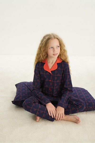 Sevim Set de pijamale bleumarin pentru fete - mânecă lungă, guler cămașă, nasturi în față C0T1N7O8