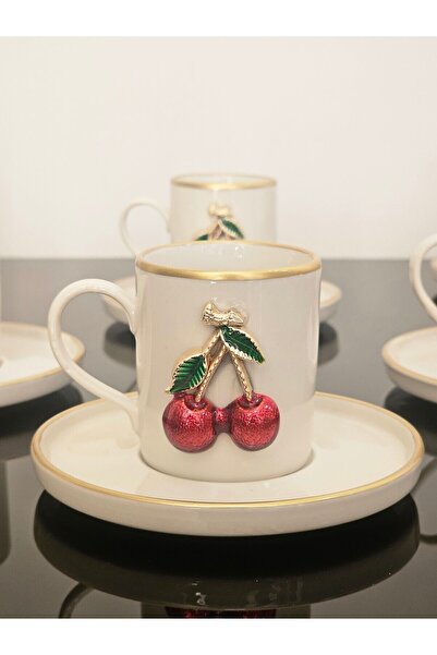 atabey home collection 100ml Craç Drained Porcelain Cup Set - 6 Winter and Gold Detailed