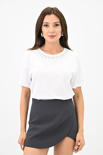 Koza Butik Tricou de damă cu decolteu rotund cu detalii de piatră 1749-4-24