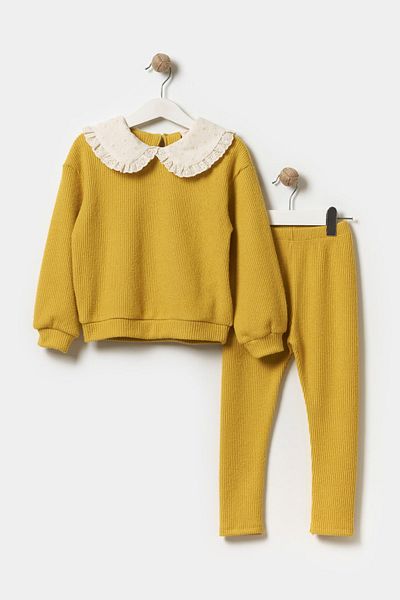 Minipodyum Embroidery Collar Brushed Camisole Girl's Top and Bottom Set with Double Leggings