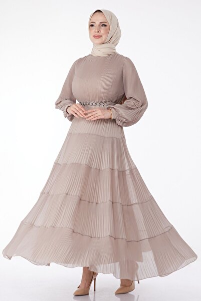 TOFİSA Plain Crew Neck Women's Beige Pleated Evening Dress - 25205