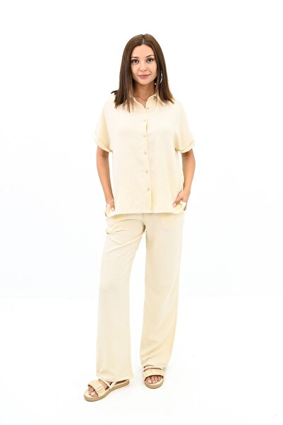 Koza Butik طقم نسائي مكون من قطعتين - كم قصير، ياقة قميص، 4097-25