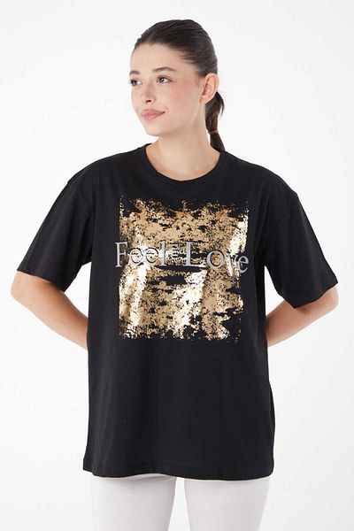 TOFİSA Black Printed Women's T-shirt - Crew Neck, Short Sleeve - 25982