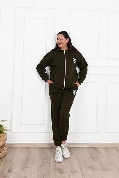Koza Butik Γυναικείες αθλητικές φόρμες με κουκούλα με φερμουάρ με τρεις κλωστές ράστερ μεγάλου μεγέθους 3586-23