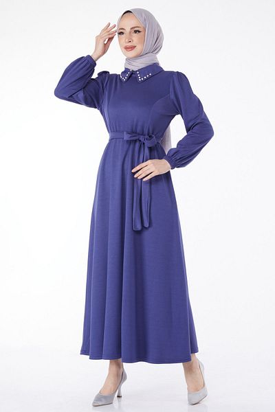 TOFİSA Plain Shirt Collar Women's Navy Blue Collar Stone Detailed Belted Dress - 24758