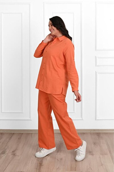 ADROM Plus Size Linen Shirt and Palazzo Pants Set - 3686-23