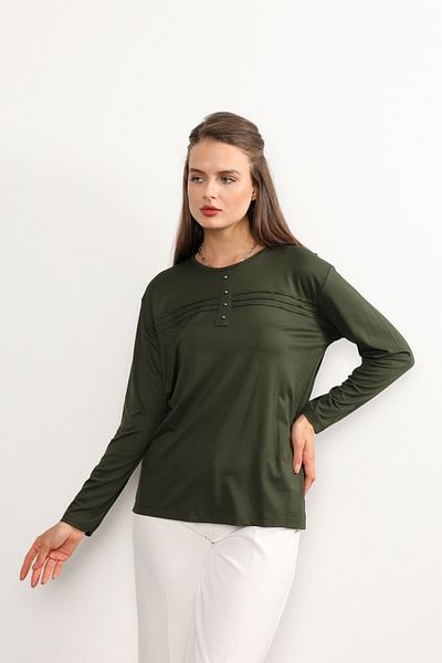 Nacar Moda Khaki Plus Size Striped Blouse - Lycra, Stripe Detail, New Season