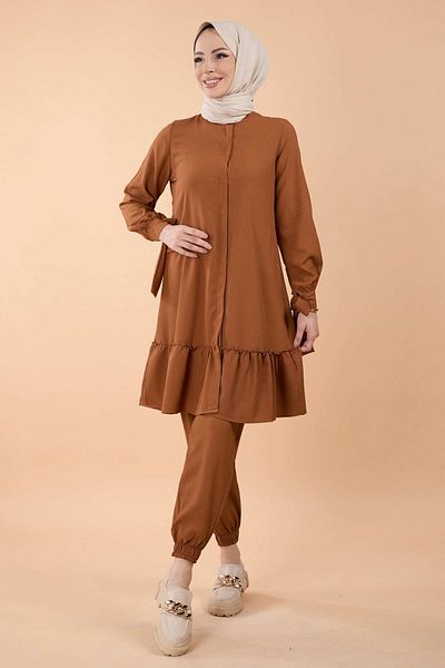 TOFİSA Judge Collar Women's Tunic and Trousers Set - Tan 13063