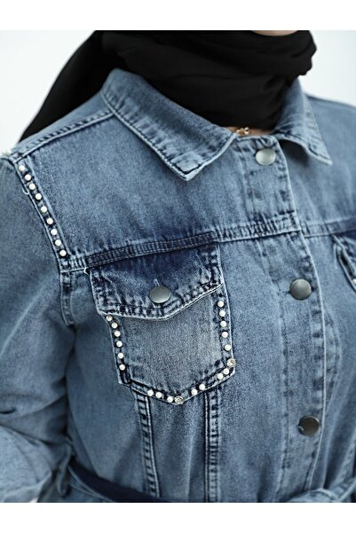 HİJABAYA Φόρεμα τζιν με κεντημένη πέτρα - γραβάτα στη μέση