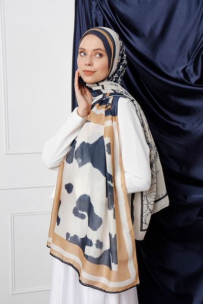 Saless Schaless Trio Panel Patterned Shawl - Navy 70X190Cm