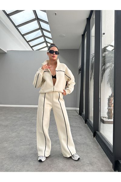 ESRAHELVACI Zippered Cream Tracksuit Set - Ribbed