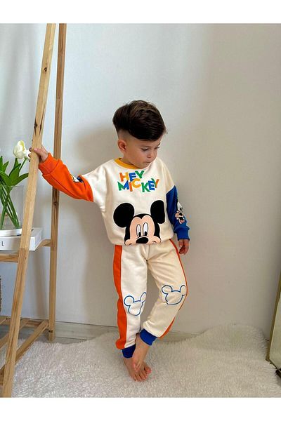 jeliboomkidswear Hey Mickey Men's Under-Top Set Cream-Orange