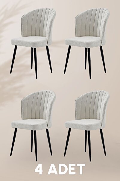 MYMASSA Rubi Sandalye - Mense Krem - Metal Siyah Ayak ( 4 Adet ) - Salon Sand...