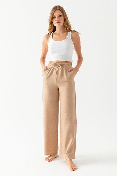 CNRCollection Beige Linen Look Palazzo Trousers - High Waist, Pocket and Comfortable Loose Fit