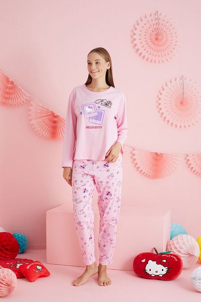 Siyah İnci Hello Kitty με άδεια - 100% βαμβακερό σετ πιτζάμες με ροζ λαιμόκοψη HK210