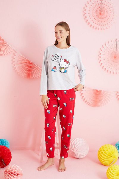Siyah İnci Hello Kitty Licensed 100% Cotton Gray Multicolor Crew Neck Pajamas Suit Hk201