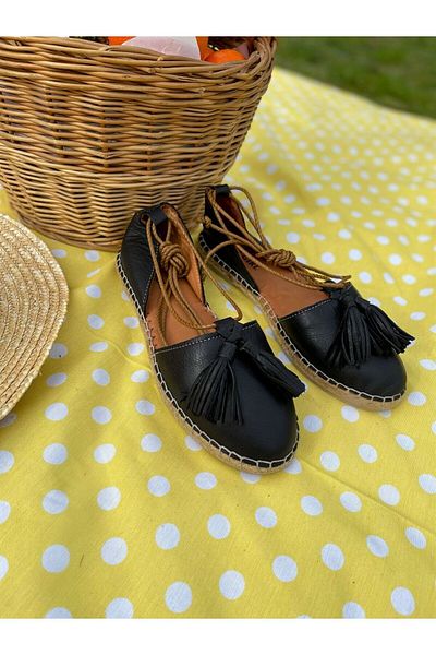 sovrana Espadrile din piele naturală cu ciucuri, neagră