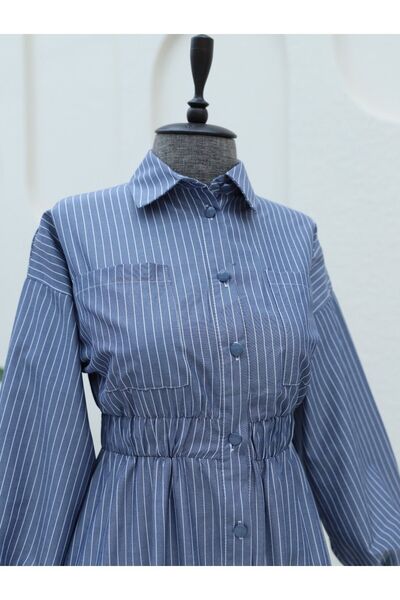 HİJABAYA Ριγέ Φόρεμα - Μπροστά με κουμπιά και ελαστική μέση