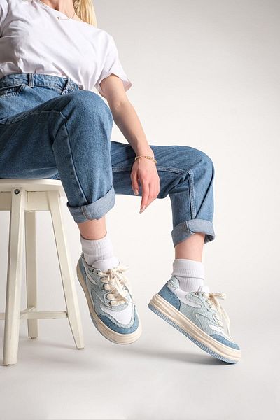 Marjin Damen-Sneaker mit hoher Sohle, Leinenstoff, Sportschuhe zum Schnüren, Corken Blue Denim