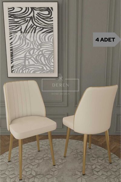 DEREN HOME Marla Serisi 4 Adet Krem Silinebilir Baby Face Kumaş Sandalye Gold...