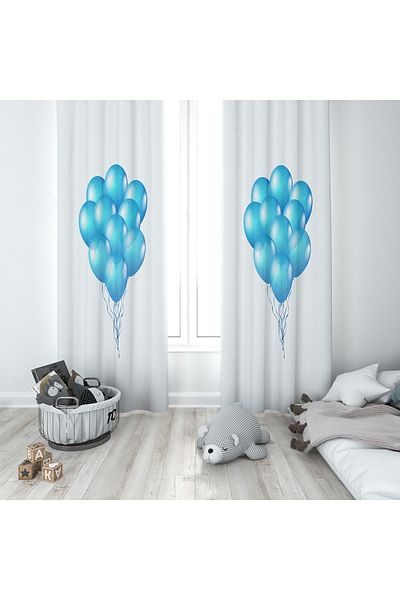 Lolla Blue Flying Balloons White Background Curtain 270