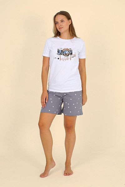 Akbeniz Set pijamale din bumbac pieptănat alb - pantaloni scurți pentru damă, mâneci scurte 3622