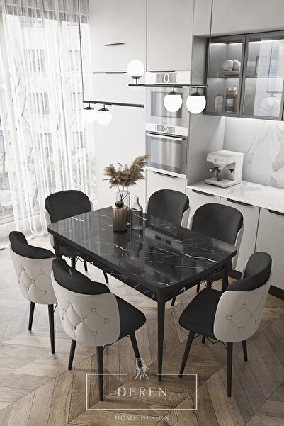 DEREN HOME Novella Serisi, 80x132 Mutfak Ve Salon Yemek Masası Takımı Dış Gri...