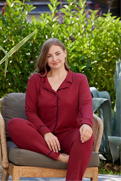 pijamacity Büyük Beden Kadın Bordo Uzun Kollu Pamuklu Düğmeli Biyeli Pijama Takımı