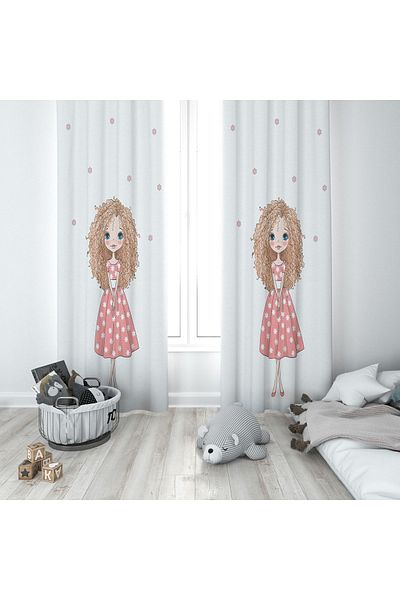 Lolla Cute Girl Printed White Background Curtain 117