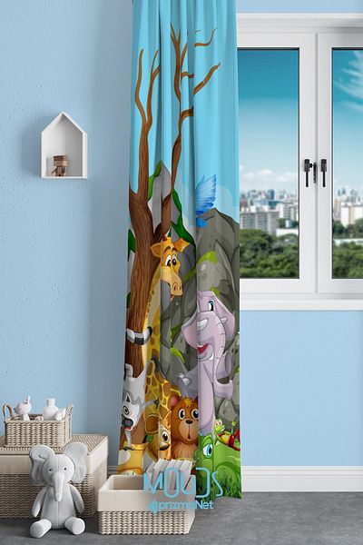 Moud's Sweet Animals Patterned Children's and Baby's Room Suede Background Curtain - Extrafor Drawstring, Single Wing
