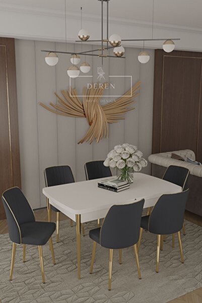 DEREN HOME Parla Gold Serisi 80x130 Mdf Masa 6 Adet Silinebilir Kumaş Antrasi...