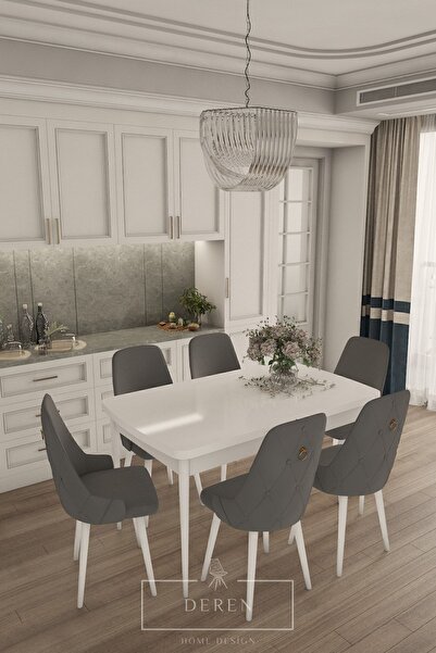 DEREN HOME Fier Serisi Mutfak ve Salon Yemek Masası Takımı + 6 Adet Antrasit ...