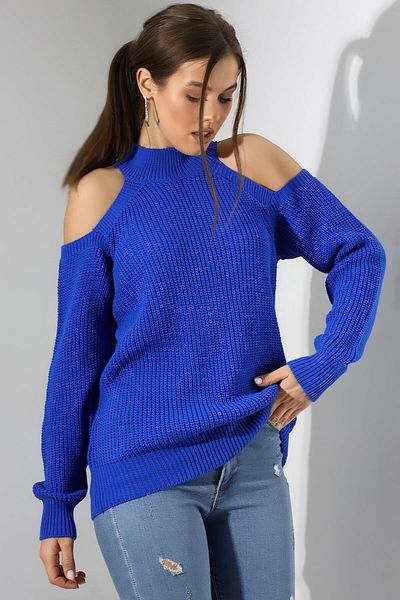 Devinka Pulover de damă Saks Blue Half Fisherman, cu umăr decoltat, tricotaj casual
