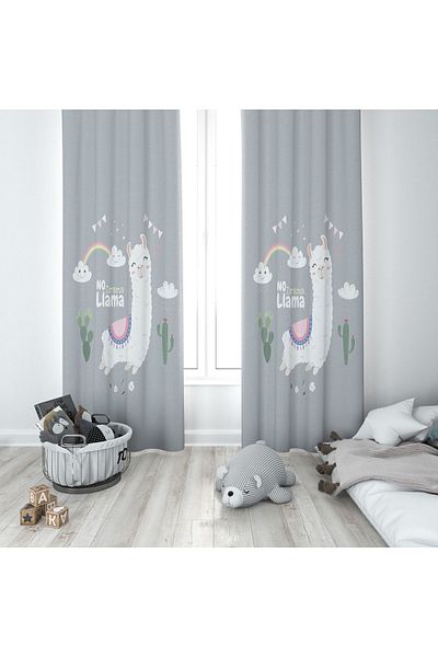 Lolla Cute Lama Gray Background Curtain 221