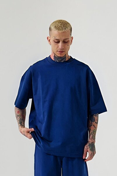 Tarzsokak Albastru marin Batik Oversize pentru bărbați din bumbac pieptănat