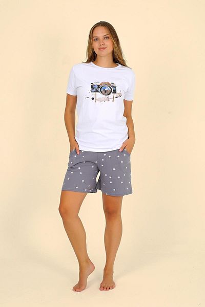 Akbeniz Set pijamale din bumbac pieptănat alb - pantaloni scurți pentru damă, mâneci scurte 3622