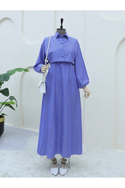 HİJABAYA Ριγέ μακρύ φόρεμα - γιακάς πουκαμίσου και λεπτομέρεια μπολερό