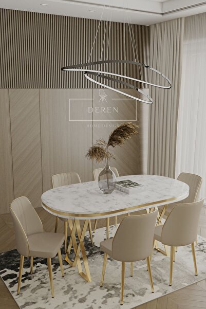 DEREN HOME Lam Serisi Mdf Lak Masa 90x168 Gold Metal Ayak 6 Adet Kapiçino Bab...