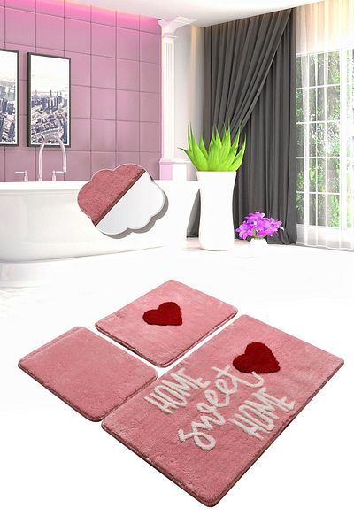 Chilai Home Home Sweet Home Pink Σετ 3 τεμαχίων - Πλένεται τουαλέτα και χαλί μπάνιου