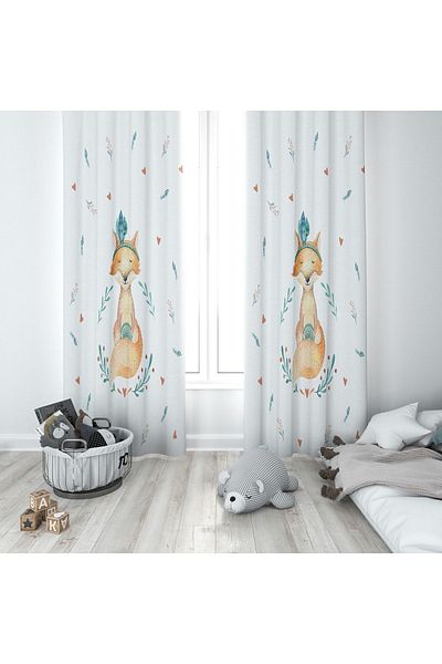 Lolla Cute Fox White Background Curtain 63