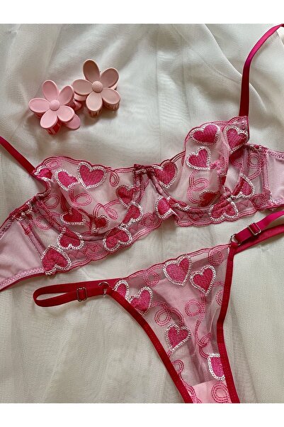 Loula الوردي القلب الوردي القلب Underwire التطريز مجموعة / مجموعة الملابس الد...