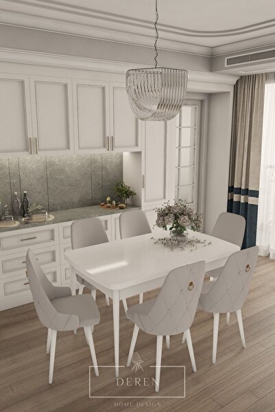 DEREN HOME Fier Serisi Mutfak ve Salon Yemek Masası Takımı + 6 Adet Açık gri ...