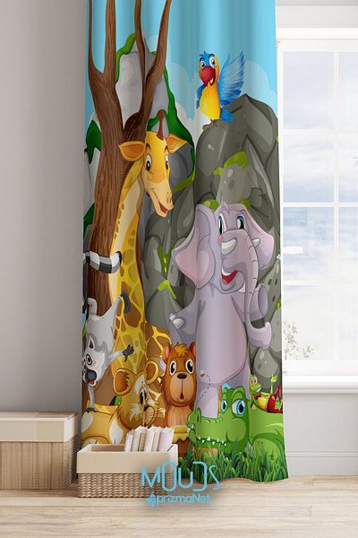 Moud's Sweet Animals Patterned Children's and Baby's Room Suede Background Curtain - Extrafor Drawstring, Single Wing